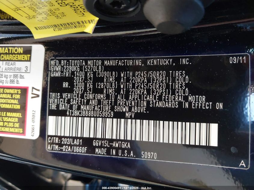 2011 Toyota Venza Base V6 VIN: 4T3BK3BB8BU059959 Lot: 43900491