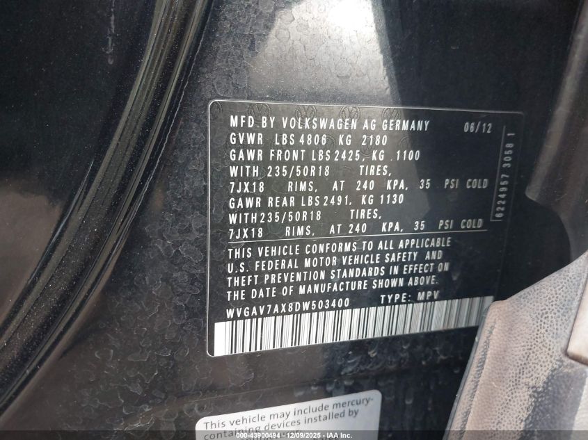 2013 Volkswagen Tiguan VIN: WVAGV7AX8DW503400 Lot: 43900494
