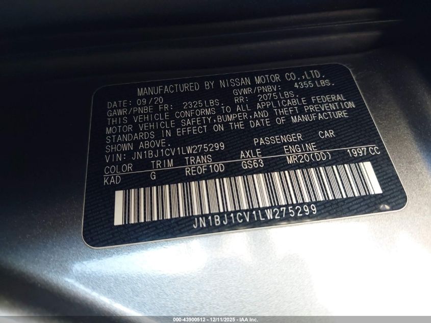 2020 Nissan Rogue Sport S Fwd Xtronic Cvt VIN: JN1BJ1CV1LW275299 Lot: 43900512