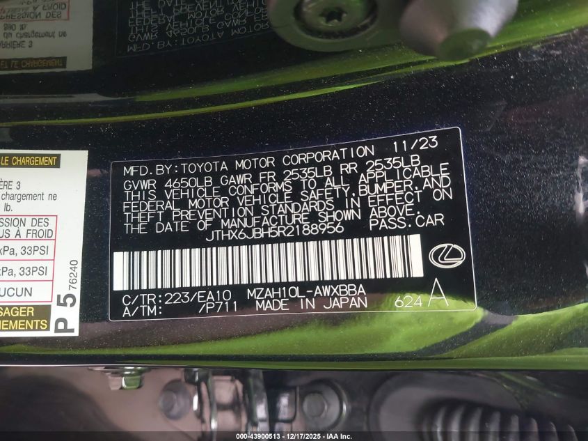 2024 Lexus Ux 250H VIN: JTHX6JBH5R2188956 Lot: 43900513