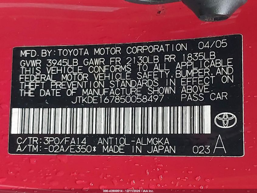 2005 Scion Tc VIN: JTKDE167850058497 Lot: 43900514