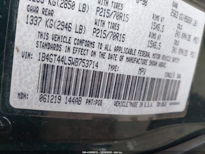 1998 Dodge Grand Caravan Se VIN: 1B4GT44L5WB753714 Lot: 43900515