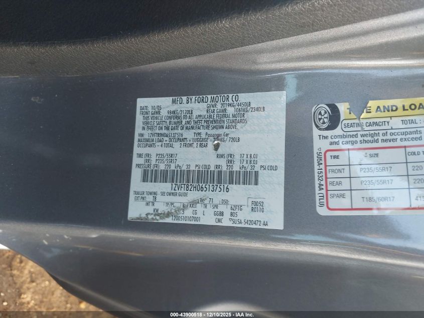 2006 Ford Mustang Gt VIN: 1ZVFT82H065137516 Lot: 43900518