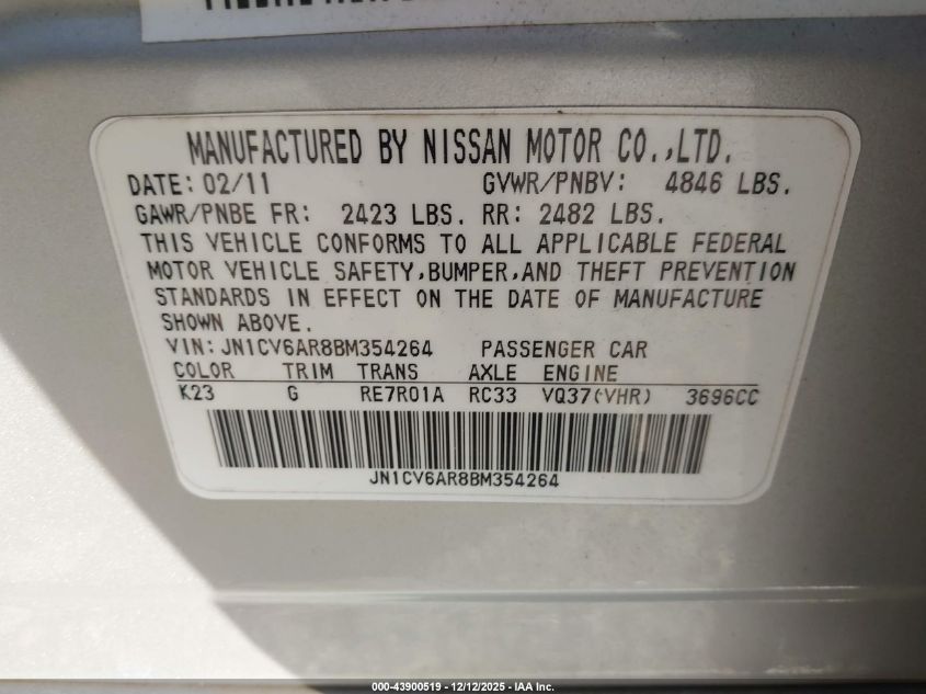 2011 Infiniti G37X VIN: JN1CV6AR8BM354264 Lot: 43900519