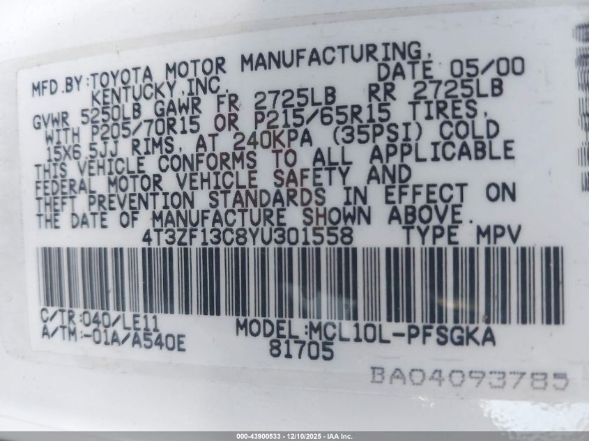 2000 Toyota Sienna Xle VIN: 4T3ZF13C8YU301558 Lot: 43900533