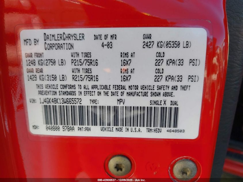 2003 Jeep Liberty Sport VIN: 1J4GK48K13W665572 Lot: 43900537