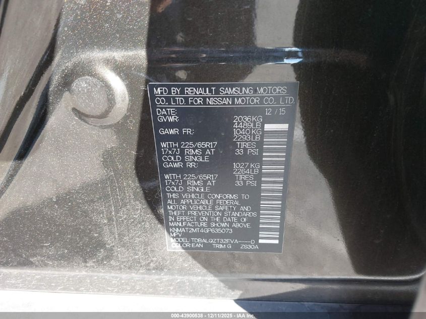 2016 Nissan Rogue Sv VIN: KNMAT2MT4GP635073 Lot: 43900538