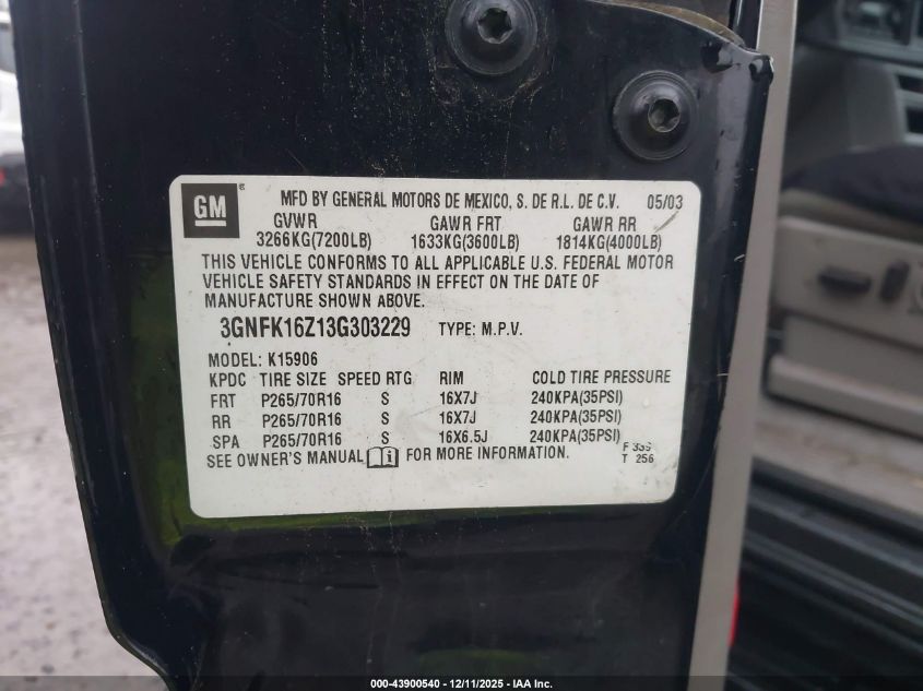 2003 Chevrolet Suburban 1500 Lt VIN: 3GNFK16Z13G303229 Lot: 43900540