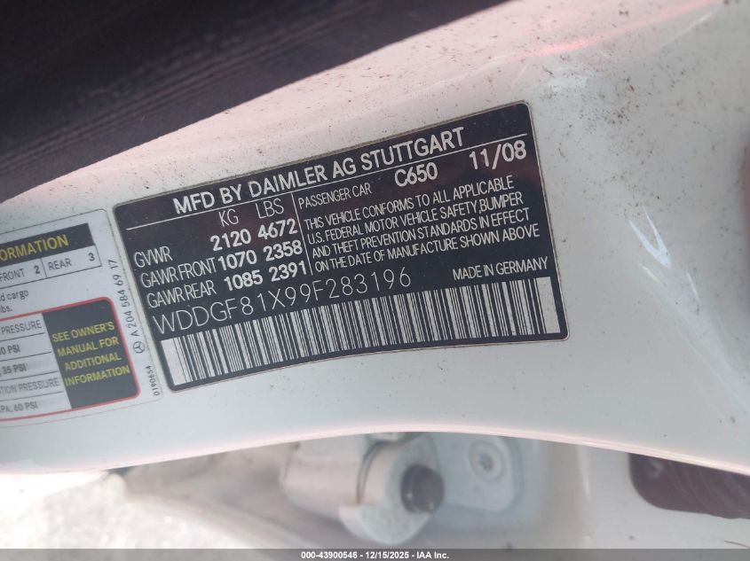 2009 Mercedes-Benz C 300 Luxury 4Matic/Sport 4Matic VIN: WDDGF81X99F283196 Lot: 43900546