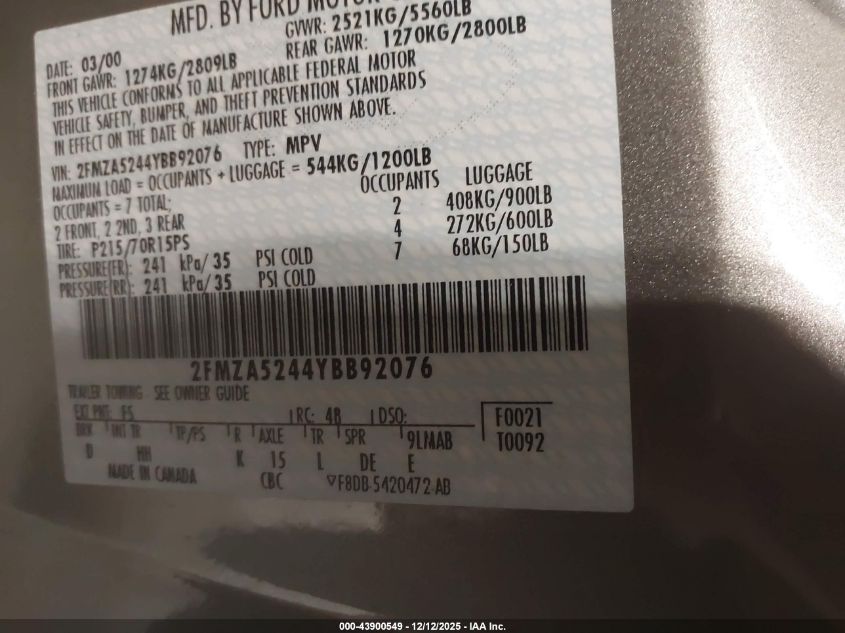 2000 Ford Windstar Se VIN: 2FMZA5244YBB92076 Lot: 43900549