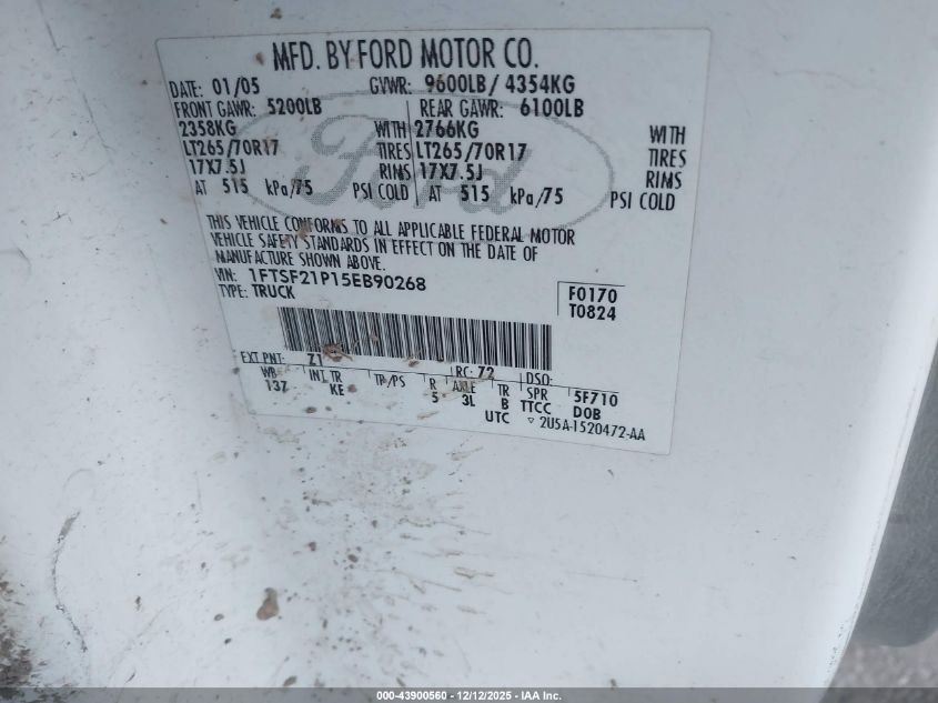 2005 Ford F-250 Xl/Xlt VIN: 1FTSF21P15EB90268 Lot: 43900560