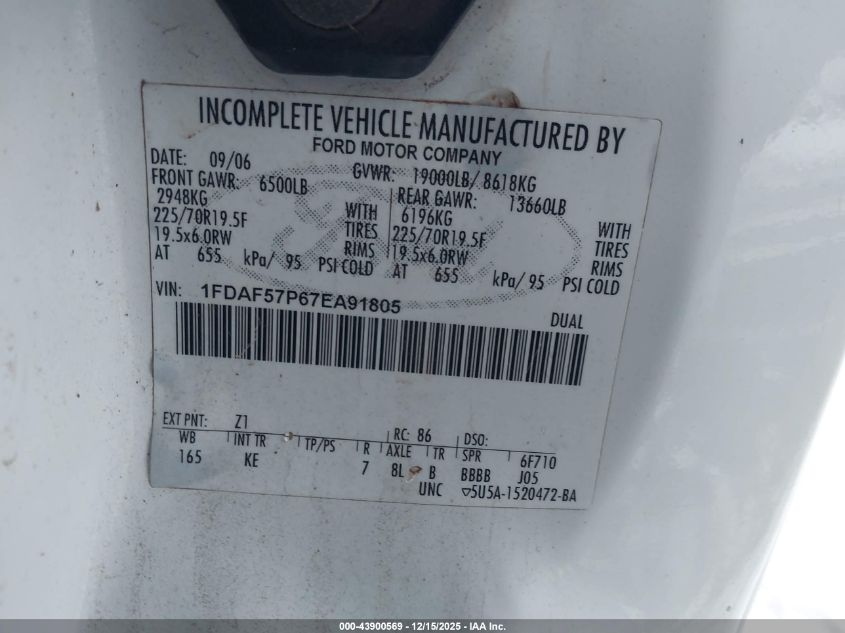 2007 Ford F-550 Chassis Xl/Xlt VIN: 1FDAF57P67EA91805 Lot: 43900569