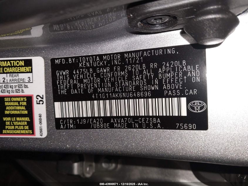 2022 Toyota Camry Se VIN: 4T1G11AK6NU648696 Lot: 43900571