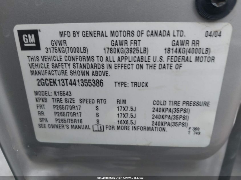 2004 Chevrolet Silverado 1500 Z71 VIN: 2GCEK13T441355386 Lot: 43900575