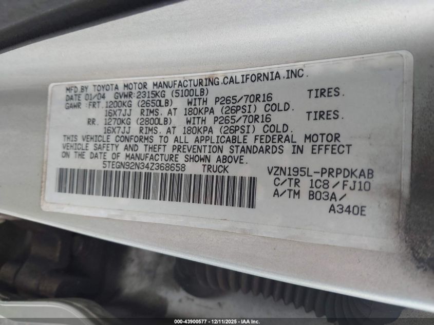 2004 Toyota Tacoma Prerunner V6 VIN: 5TEGN92N34Z368658 Lot: 43900577