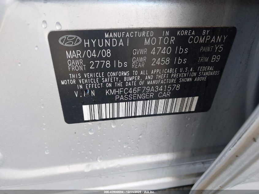 2009 Hyundai Azera Limited VIN: KMHFC46F79A341578 Lot: 43900594