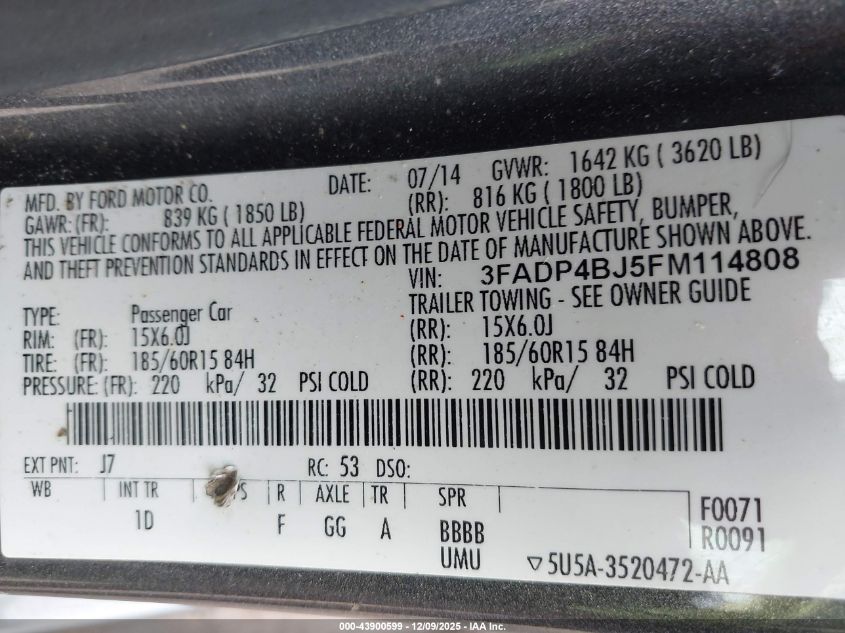 2015 Ford Fiesta Se VIN: 3FADP4BJ5FM114808 Lot: 43900599