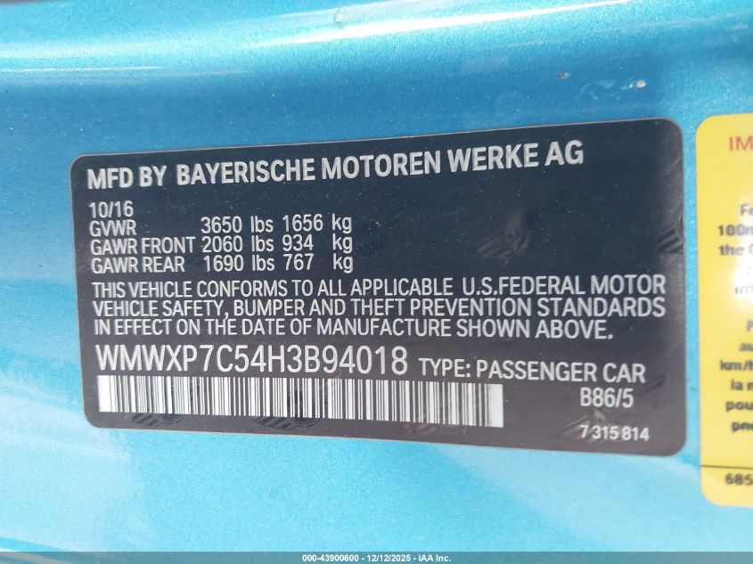 2017 Mini Hardtop Cooper S VIN: WMWXP7C54H3B94018 Lot: 43900600