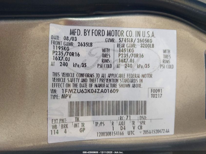 2004 Ford Explorer Xlt VIN: 1FMZU63K04ZA01609 Lot: 43900608
