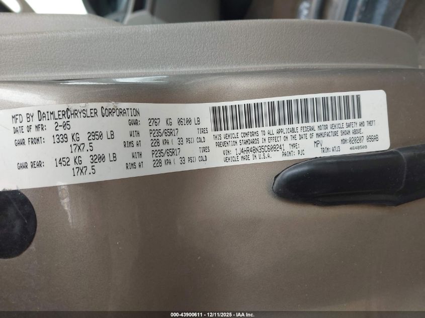 2005 Jeep Grand Cherokee Laredo VIN: 1J4HR48N35C608241 Lot: 43900611