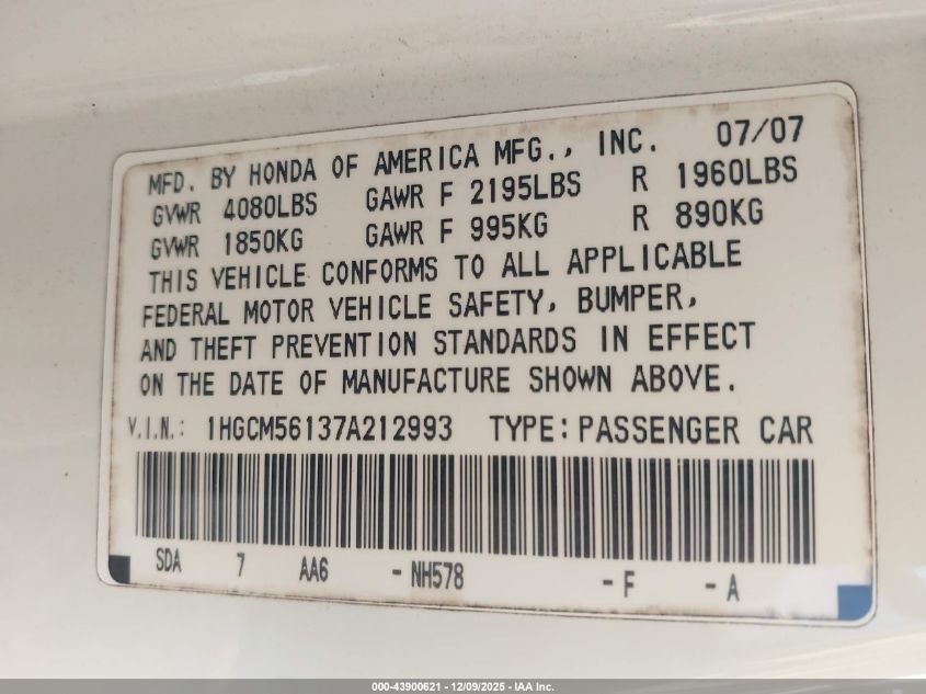 2007 Honda Accord 2.4 Vp VIN: 1HGCM56137A212993 Lot: 43900621
