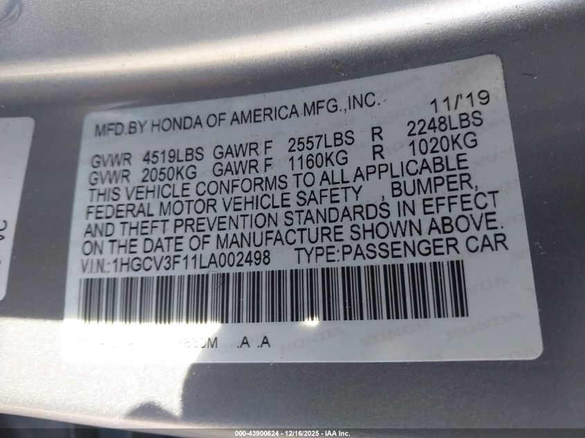 2020 Honda Accord Hybrid VIN: 1HGCV3F11LA002498 Lot: 43900624