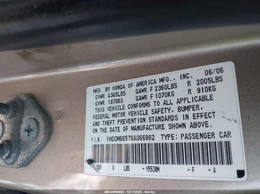 2006 Honda Accord 3.0 Ex VIN: 1HGCM66576A066962 Lot: 43900654
