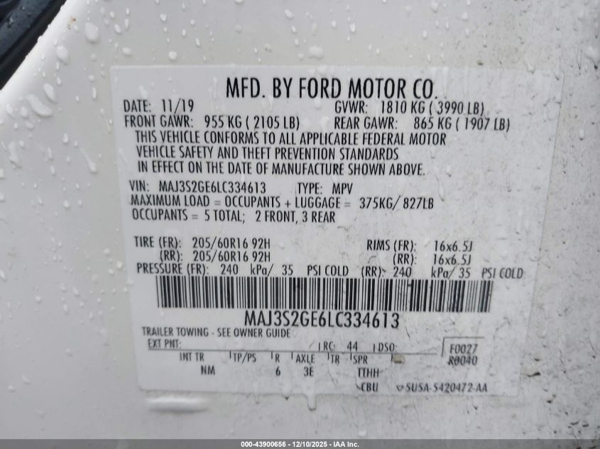 2020 Ford Ecosport Se VIN: MAJ3S2GE6LC334613 Lot: 43900656