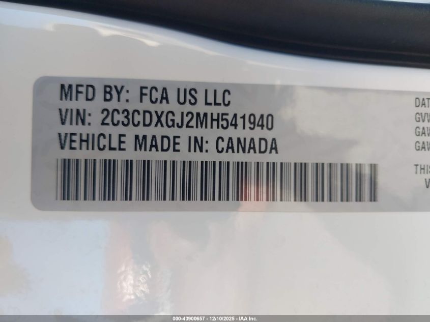 2021 Dodge Charger Scat Pack Rwd VIN: 2C3CDXGJ2MH541940 Lot: 43900657