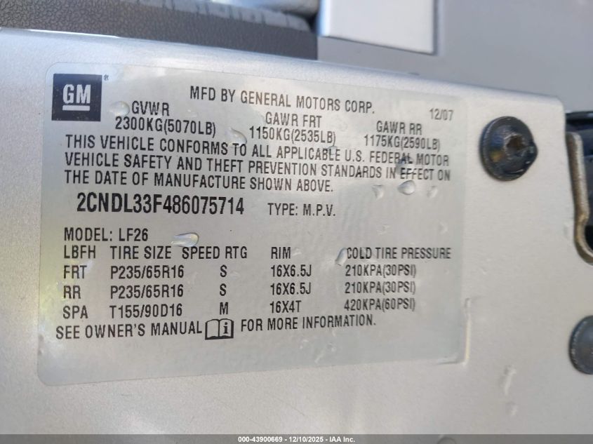 2008 Chevrolet Equinox Lt VIN: 2CNDL33F486075714 Lot: 43900669