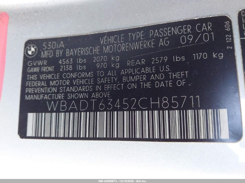 2002 BMW 530Ia VIN: WBADT63452CH85711 Lot: 43900673