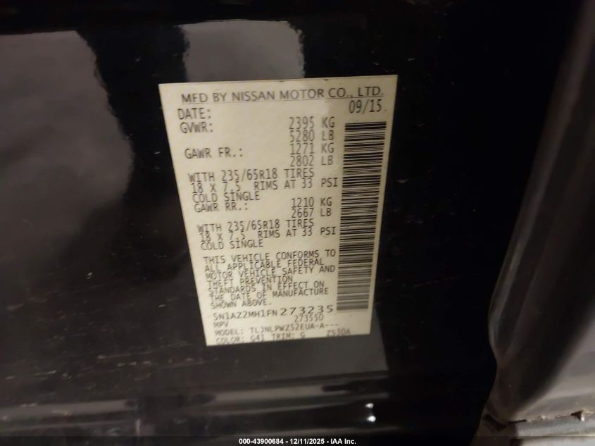 2015 Nissan Murano S VIN: 5N1AZ2MH1FN273235 Lot: 43900684