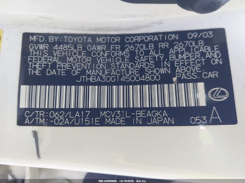 2004 Lexus Es 330 VIN: JTHBA30G145004800 Lot: 43900695