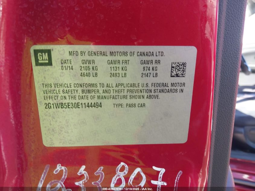 2014 Chevrolet Impala Limited Lt VIN: 2G1WB5E30E1144494 Lot: 43900699