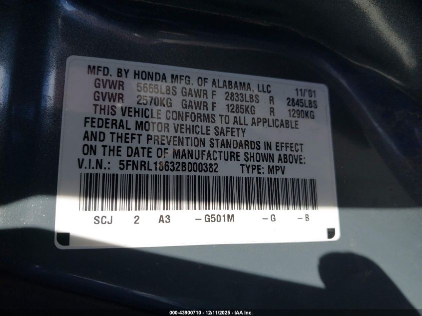 2002 Honda Odyssey Ex VIN: 5FNRL18632B000382 Lot: 43900710