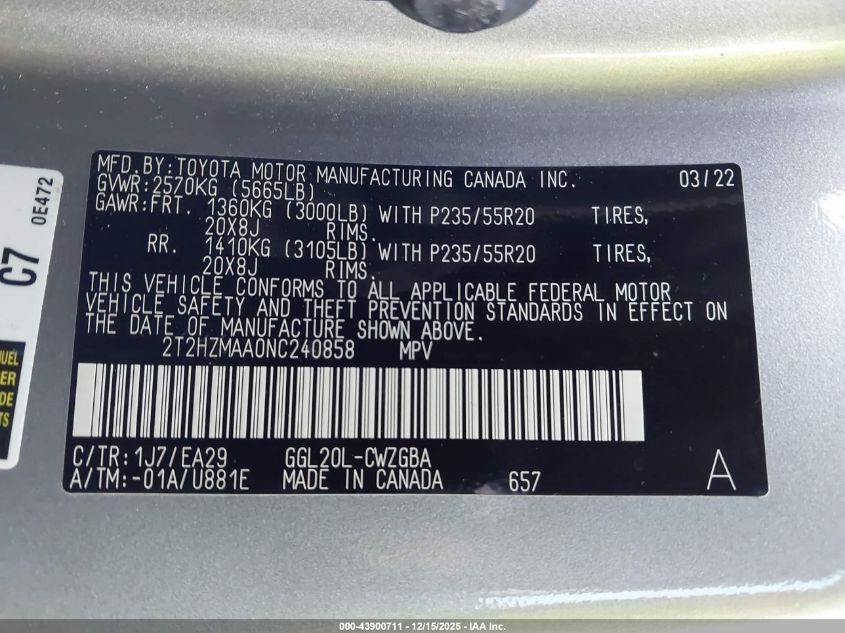 2022 Lexus Rx 350 VIN: 2T2HZMAA0NC240858 Lot: 43900711