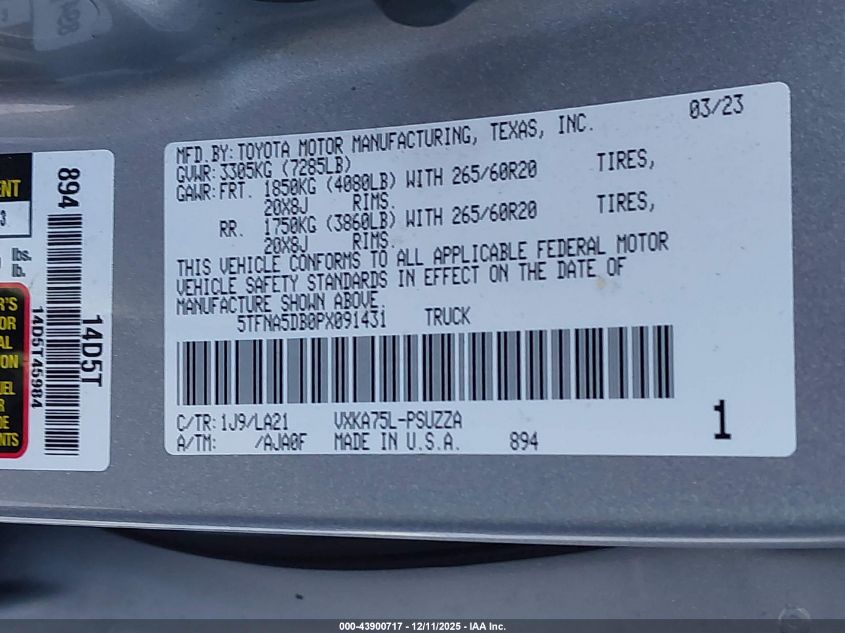 2023 Toyota Tundra Platinum VIN: 5TFNA5DB0PX091431 Lot: 43900717