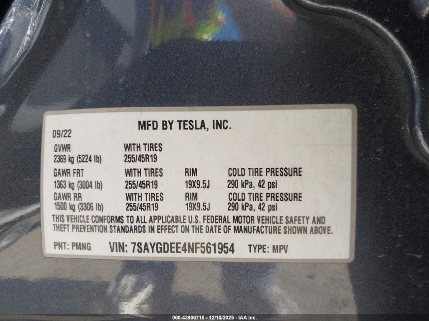 2022 Tesla Model Y Long Range Dual Motor All-Wheel Drive VIN: 7SAYGDEE4NF561954 Lot: 43900718