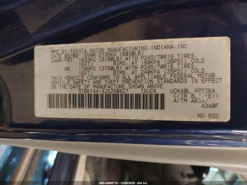 2002 Toyota Tundra Sr5 V8 VIN: 5TBBT44142S290827 Lot: 43900719