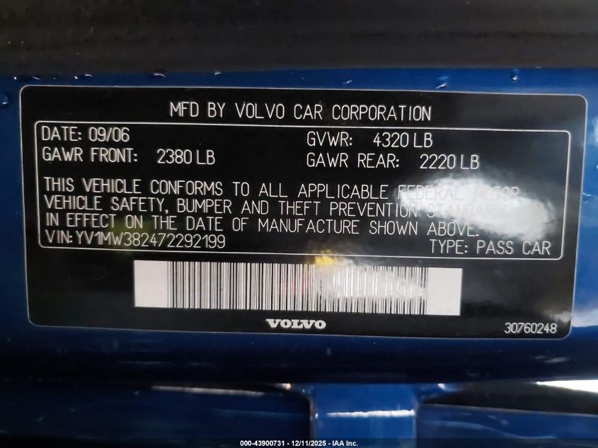 2007 Volvo V50 2.4I VIN: YV1MW382472292199 Lot: 43900731