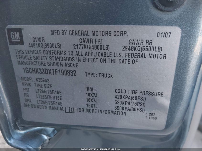 2007 Chevrolet Silverado 3500 Classic Lt3 VIN: 1GCHK33DX7F190832 Lot: 43900740
