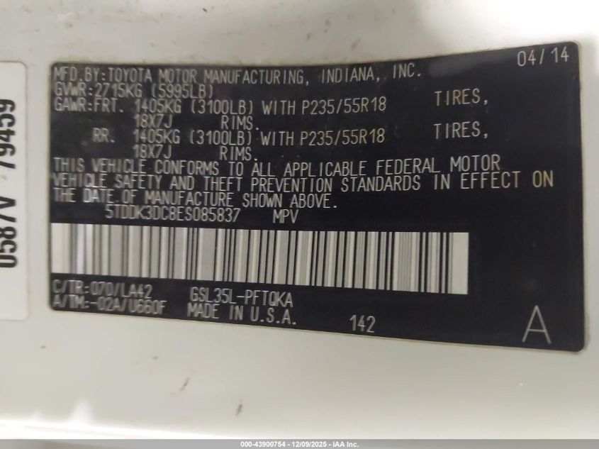 2014 Toyota Sienna Limited 7 Passenger VIN: 5TDDK3DC8ES085837 Lot: 43900754