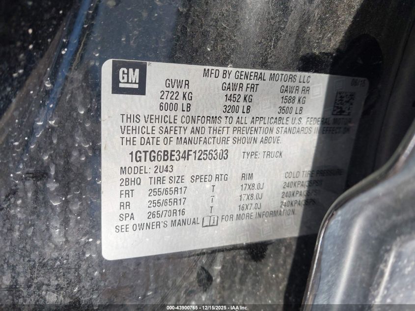 2015 GMC Canyon Sle VIN: 1GTG6BE34F1256303 Lot: 43900765