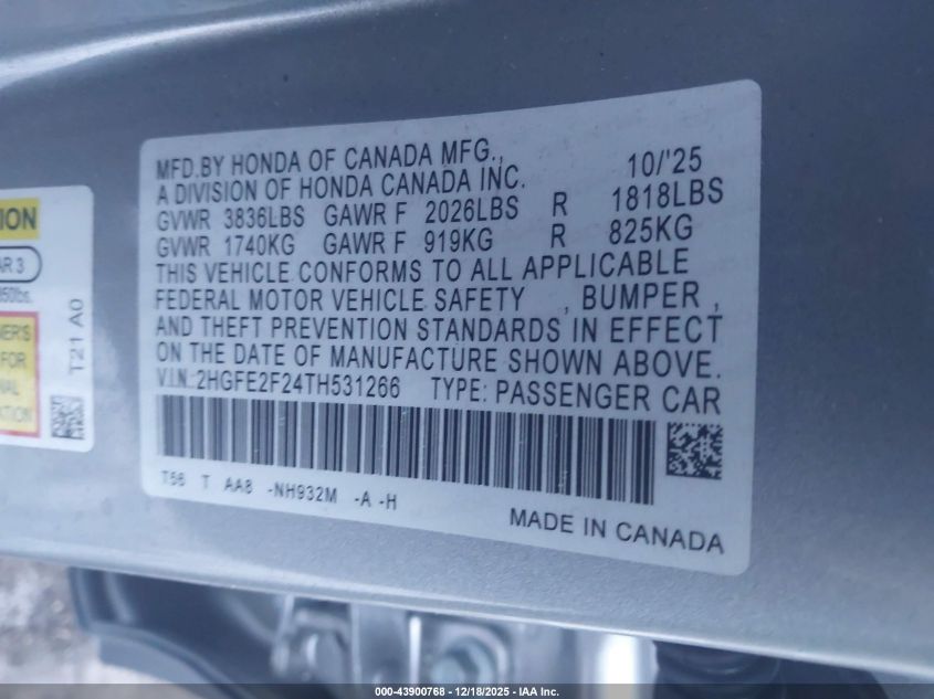 2026 Honda Civic Lx VIN: 2HGFE2F24TH531266 Lot: 43900768