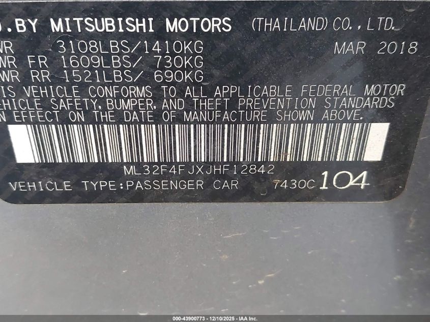2018 Mitsubishi Mirage G4 Se VIN: ML32F4FJXJHF12842 Lot: 43900773
