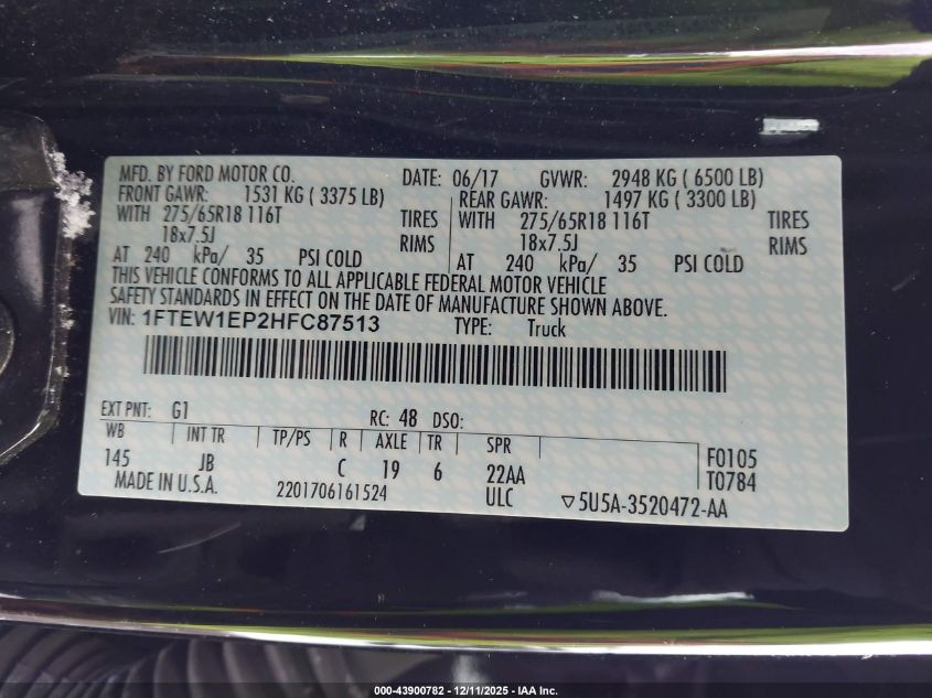 2017 Ford F-150 Xlt VIN: 1FTEW1EP2HFC87513 Lot: 43900782