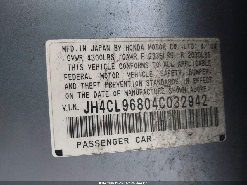 2004 Acura Tsx VIN: JH4CL96804C032942 Lot: 43900791