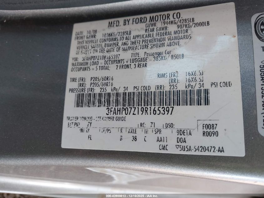 2009 Ford Fusion Se VIN: 3FAHP07Z19R165397 Lot: 43900813