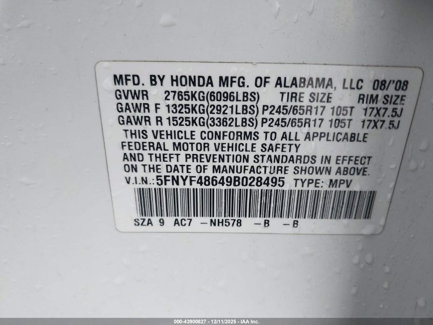 2009 Honda Pilot Ex-L VIN: 5FNYF48649B028495 Lot: 43900827