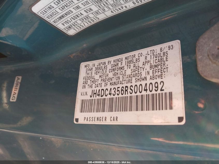 1994 Acura Integra Ls VIN: JH4DC4356RS004092 Lot: 43900836
